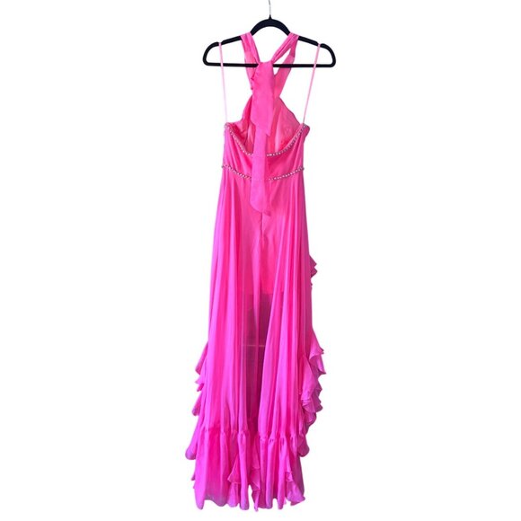 Mac Duggal RARE Hot Pink High-Low Gown Halter Neck Tiered Slit Skirt Size 2 - Picture 10 of 16